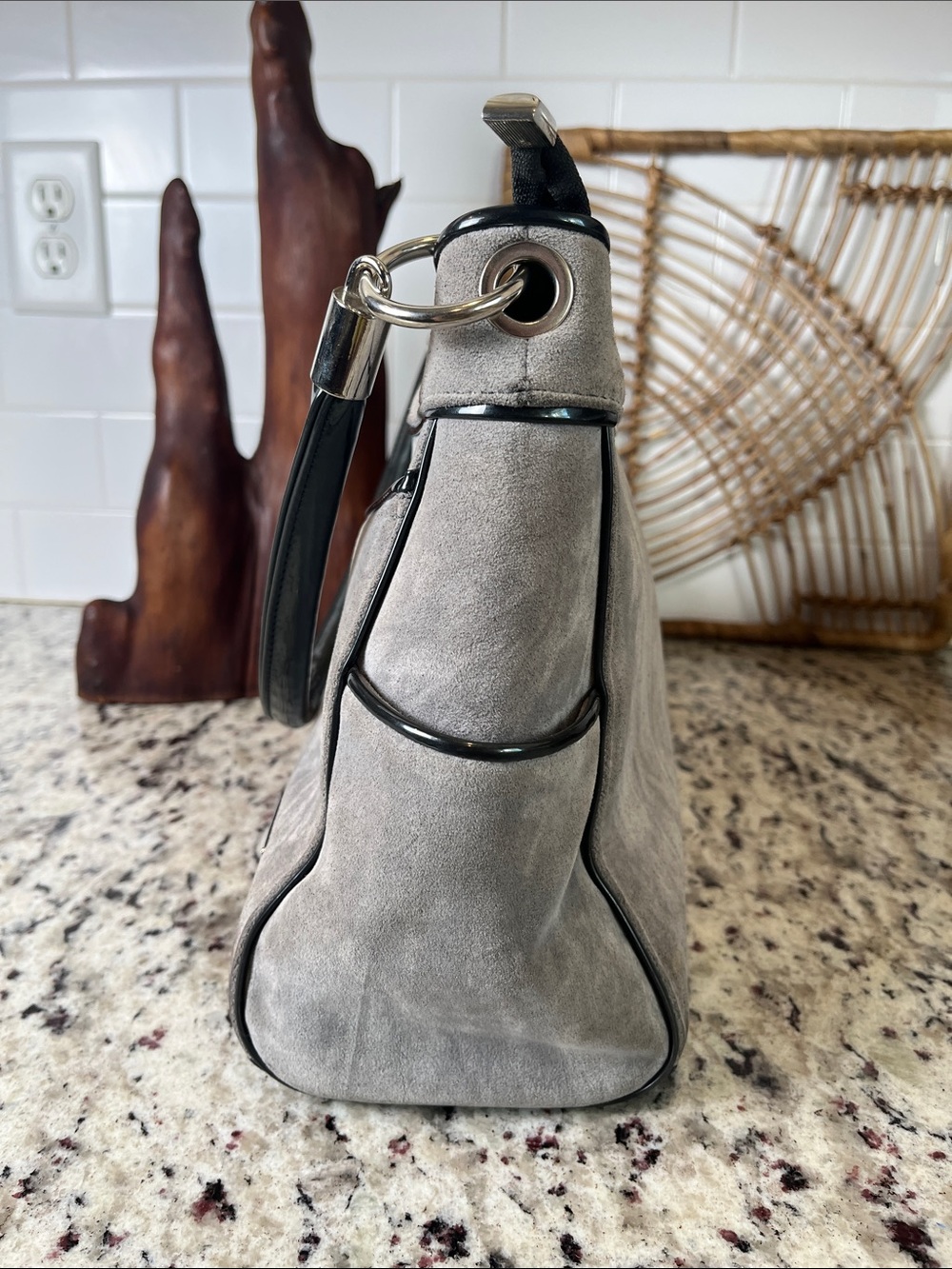 Beijo Gray Suede Shoulder Bag with Black Handle - Picture 6 of 13